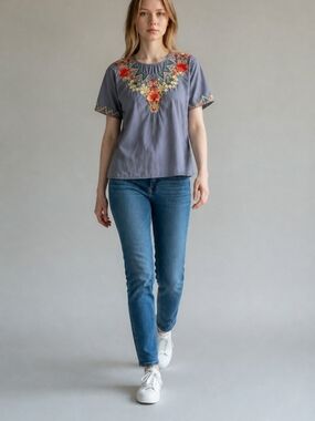 Johnny Was Embroidered Floral Yoke Top 100% Cotton Size S